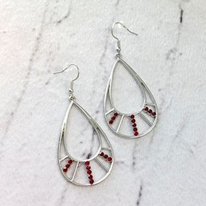 Red Rhinestones Silver Teardrop Frame Earrings